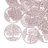 430 Stainless Steel Filigree Pendants, Spray Painted, Etched Metal Embellishments, Flat Round with Tree of Life, Pink, 35x0.3mm, Hole: 1.6mm(STAS-T042-06E)