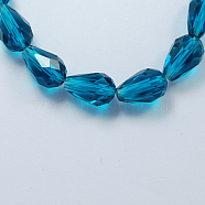 Glass Beads Strands, Faceted, Teardrop, Dark Turquoise, 6x4mm, Hole: 1mm, about 65~68pcs/strand, 14.96~15.35 inch(X-GLAA-R024-6x4mm-4)