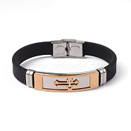 304 Stainless Steel Silicone Bracelets, with Watch Band Clasps, Cross, Golden & Stainless Steel Color, 215x10x3mm(BJEW-O134-01A)