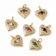 Rack Plating Brass Cubic Zirconia Pendants, Heart with Eye Charm, with Jump Ring, Long-Lasting Plated, Real 18K Gold Plated, Lead Free & Cadmium Free, Mixed Color, 18x16.5x6mm, Hole: 4mm(KK-M236-01G)