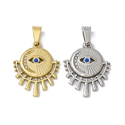 304 Stainless Steel Pendants, with Rhinestone, Flat Round with Horse Eye, Mixed Color, 24.5x19.5x2mm, Hole: 6.5x3mm(STAS-A062-28)
