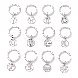 304 Stainless Steel Keychain, with 201 Stainless Steel Pendants, Flat Round with Constellations Pattern, 12 Constellations, 4.55cm(STAS-C027-01P)