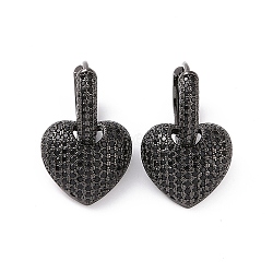 Cubic Zirconia Heart Dangle Hoop Earrings, Brass Jewelry for Women, Cadmium Free & Nickel Free & Lead Free, Gunmetal, 24mm, Pin: 0.8mm(EJEW-P206-08B)