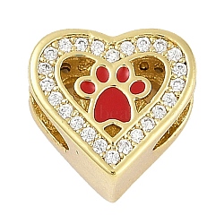 Rack Plating Brass Micro Pave Cubic Zirconia European Beads, Large Hole Beads, with Enamel, Long-Lasting Plated, Cadmium Free & Lead Free, Real 18K Gold Plated, Heart with Paw Print, Red, 10.5x11.5x8.5mm, Hole: 5.5mm(KK-P287-43G-01)