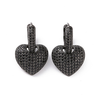 Cubic Zirconia Heart Dangle Hoop Earrings, Brass Jewelry for Women, Cadmium Free & Nickel Free & Lead Free, Gunmetal, 24mm, Pin: 0.8mm