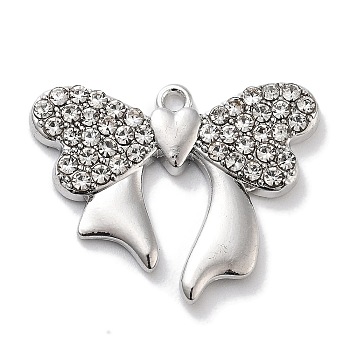 Rack Plating Alloy Rhinestone Pendants, Lead Free & Cadmium Free & Nickel Free, Bowknot, Platinum, 18x23x2.5mm, Hole: 1.2mm