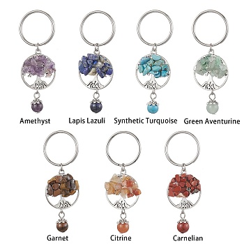 7Pcs 7 Styles Gemstone Keychains, with Alloy Findings and 304 Stainless Steel Split Key Rings, Tree of Life, 7.2cm, 1pc/style