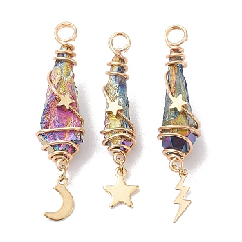 3Pcs 3 Styles Electroplated Natural Quartz Crystal Copper Wire Wrapped Pendants, TearDrop Charms with Golden Tone Alloy Moon & Star & Sun & Lightning Bolt, Colorful, 44.5~48.5x8~10.5x6.5~13mm, Hole: 4mm, about 1pc/style