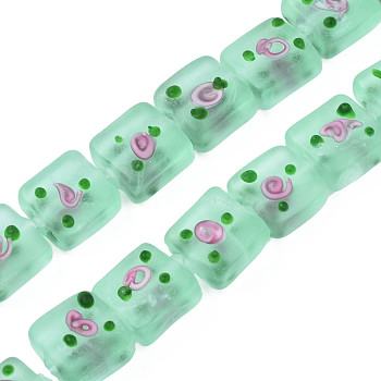 Handmade Frosted Lampwork Beads Strands, Square with Flower, Aquamarine, 13~14.5x12~13x7~9mm, Hole: 1.5mm, about 35pcs/strand, 17.72 inch(45cm)