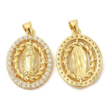 Rack Plating Brass Micro Pave Cubic Zirconia Pendants, Cadmium Free & Lead Free, Oval with Saint, Real 18K Gold Plated, 25x18.5x3mm, Hole: 4x3.5mm