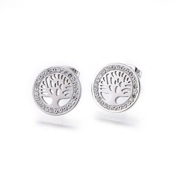 304 Stainless Steel Stud Earrings, with Polymer Clay Rhinestone, Flat Round with Tree of Life, Stainless Steel Color, 14x2mm, Pin: 0.8mm
