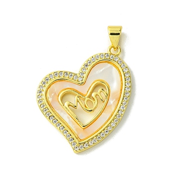 Mother's Day Real 18K Gold Plated Brass Micro Pave Clear Cubic Zirconia Pendants, with Shell, Real 18K Gold Plated, Heart, 26x24.5x3mm, Hole: 3.5x4.5mm