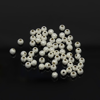 Brass Textured Beads, Silver Color Plated, Round, 4mm, hole: 1mm