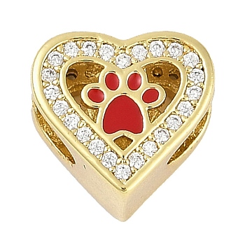 Rack Plating Brass Micro Pave Cubic Zirconia European Beads, Large Hole Beads, with Enamel, Long-Lasting Plated, Cadmium Free & Lead Free, Real 18K Gold Plated, Heart with Paw Print, Red, 10.5x11.5x8.5mm, Hole: 5.5mm