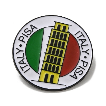 Enamel Pins, Black Alloy Brooches for Backpack Clothes, Flat Round , Tower of Pisa, 35x1.5mm