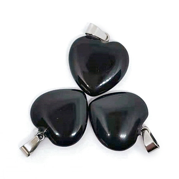 Valentine's Day Natural Obsidian Pendants, Heart Charms with Platinum Plated Metal Snap on Bails, 20mm