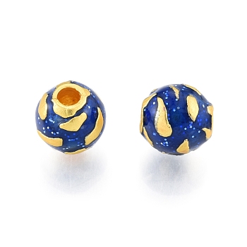 Alloy Enamel Beads, Matte Gold Color, Round, Medium Blue, 10mm, Hole: 3mm