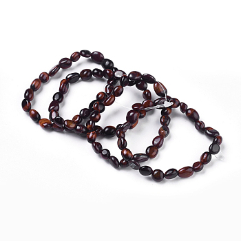 Natural Red Tiger Eye Bead Stretch Bracelets, Tumbled Stone, Nuggets, Inner Diameter: 2~2-1/4 inch(5.2~5.6cm)