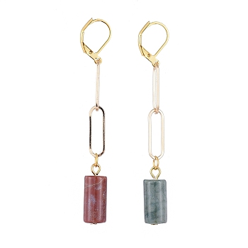 Brass Dangle Leverback Earrings, with Natural Indian Agate Pendants and Iron Paperclip Chains, Column, 72mm, Pin: 0.5x0.7mm