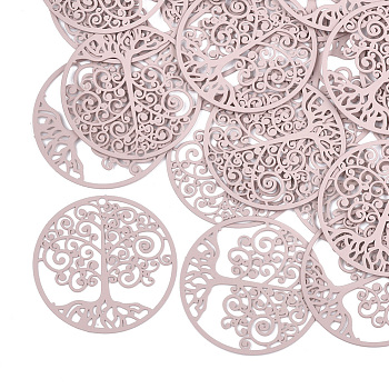 430 Stainless Steel Filigree Pendants, Spray Painted, Etched Metal Embellishments, Flat Round with Tree of Life, Pink, 35x0.3mm, Hole: 1.6mm