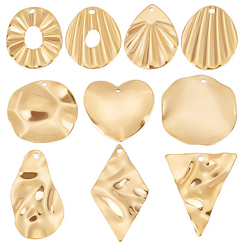 20Pcs 10 Style 304 Stainless Steel Pendant, Shell Effect Textured Charms, Oval & Teardorp & Rhombus & Nuggets, Real 18K Gold Plated, 21.5~32.5x17~24x0.5~1mm, Hole: 1.2~1.6mm, 2pcs/style