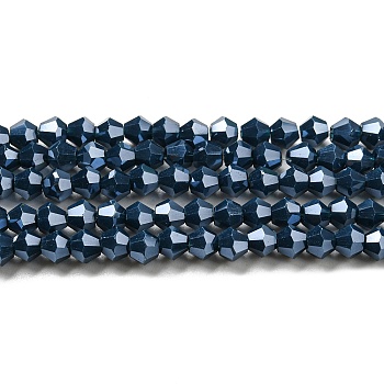 Opaque Solid Color Electroplate Glass Beads Strands, Pearl Luster Plated, Faceted, Bicone, Prussian Blue, 4x4mm, Hole: 0.8mm, about 82~85pcs/strand, 12.01~12.2 inch(30.5~31cm)