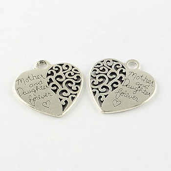 Heart with Words Tibetan Style Alloy Pendants, Lead Free & Cadmium Free, Antique Silver, 29x28x2mm, Hole: 3.5mm, about 100pcs/500g