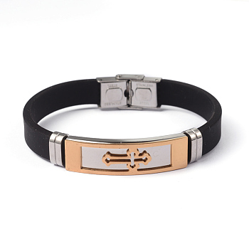 304 Stainless Steel Silicone Bracelets, with Watch Band Clasps, Cross, Golden & Stainless Steel Color, 215x10x3mm