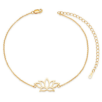 SHEGRACE 925 Sterling Silver Link Anklets, with Cable Chain, Lotus, Golden, 8-1/4 inch(21cm)