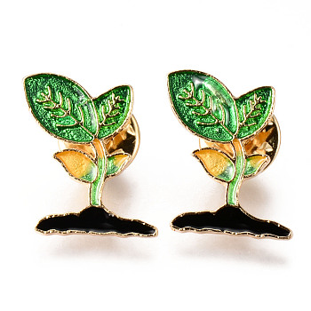 Alloy Enamel Brooches, Enamel Pin, with Brass Butterfly Clutches, Sprout, Light Gold, Cadmium Free & Nickel Free & Lead Free, Lime Green, 22x19x2mm Pin: 1mm