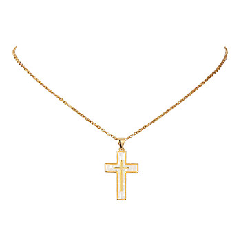 Natural Shell Cross Pendant Necklace with 304 Stainless Steel Chains, Golden, 15.94 inch(40.5cm)