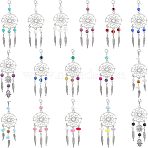 32Pcs 11 Style Tibetan Style Alloy Big Pendants, with Gemstone Beads and Lobster Claw Clasp, Woven Net/Web with Feather, Mixed Color, 85.5~95mm, 2pcs/color(HJEW-NB0001-23)
