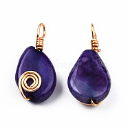 Natural Agate Pendants, with Light Gold Plated Brass Findings, Teardrop Charm, Dyed & Heated, Indigo, 27~29x12.5~13.5x6~7mm, Hole: 4mm(G-N326-137-05)