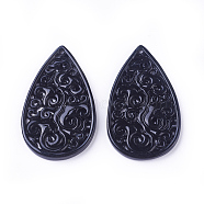 Carved Natural White Jade Pendants, Dyed, Teardrop, Black, 39.5~40x24~25x2.5~3.5mm, Hole: 1.2mm(G-L495-40A)