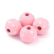 Dyed Natural Wooden Beads, Macrame Beads Large Hole, Round with Polka Dot, Pink, 16x15mm, Hole: 4mm(WOOD-O005-01A)
