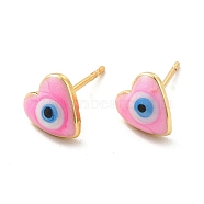 Enamel Heart with Evil Eye Stud Earrings, Real 18K Gold Plated Brass Jewelry for Women, Pearl Pink, 8x8mm, Pin: 0.7mm(EJEW-P210-05G-01)