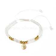 Round Natural White Jade Braided Bead Bracelet for Girl Women, Oval with Virgin Mary Brass Charm Bracelet, Golden, Inner Diameter: 2-1/8~4-1/4 inch(5.3~10.8cm)(BJEW-JB06864-03)