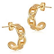Clear Cubic Zirconia Chain Shape C-shape Stud Earrings, 430 Stainless Steel Half Hoop Earrings for Women, Golden, 19x17x6mm(JE943A)