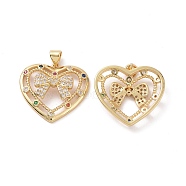 Brass Cubic Zirconia Pendants, Heart with Bowknot Charm, Real 18K Gold Plated, 23.5x24.5x5mm, Hole: 3.5x5mm(KK-G453-05G)