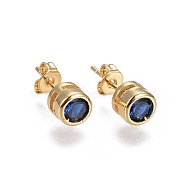 Brass Micro Pave Cubic Zirconia Stud Earrings, Flat Round, Golden, Prussian Blue, 17x6.3x5mm, Pin: 0.7mm(EJEW-L224-02D)