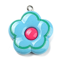 Opaque Resin Pendants, Flower Charms, with Platinum Tone Iron Loops, Light Sky Blue, 29x26x6mm, Hole: 1.6mm(RESI-G078-01G)