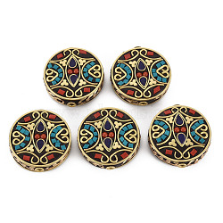 Polymer Clay Handmade Indonesia Beads, with Brass Findings, Flat Round, Golden, Colorful, 28~30x8mm, Hole: 2mm(IPDL-S054-012)