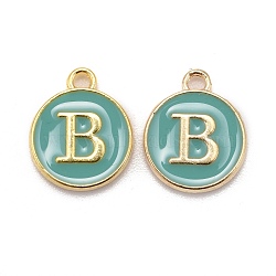 Golden Plated Alloy Enamel Charms, Cadmium Free & Lead Free, Enamelled Sequins, Flat Round with Letter, Turquoise, Letter.B, 14x12x2mm, Hole: 1.5mm(X-ENAM-S118-05B)