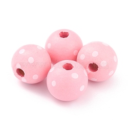 Dyed Natural Wooden Beads, Macrame Beads Large Hole, Round with Polka Dot, Pink, 16x15mm, Hole: 4mm(WOOD-O005-01A)