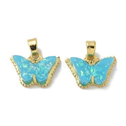 Rack Plating Brass Pendants, with Resin Imitation Opal & Glitter, Long-Lasting Plated, Lead Free & Cadmium Free, Butterfly, Deep Sky Blue, 11.5x15.5x5mm, Hole: 4x2.5mm(KK-Q009-07G-05)