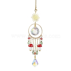 Glass Round Leaf Hanging Ornaments, Lampwork Mushroom Tassel Suncatchers for Home Garden Decorations, Red, 206mm(HJEW-JM01878-01)