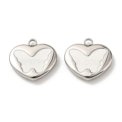 304 Stainless Steel Enamel Pendants, Heart with Butterfly Charms, Stainless Steel Color, White, 14x15x3mm, Hole: 1.8mm(STAS-L022-008P)