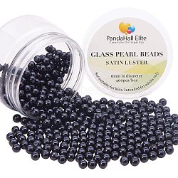 Pearlized Glass Pearl Round Beads, Dyed, Black, 6mm, Hole: 1.2~1.5mm, about 400pcs/box(HY-PH0001-6mm-080)