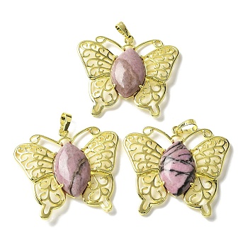 Natural Rhodonite Pendants, Brass Butterfly Charms, Golden, Rack Plating, Cadmium Free & Lead Free, 41.5x45x8mm, Hole: 8x4.5mm