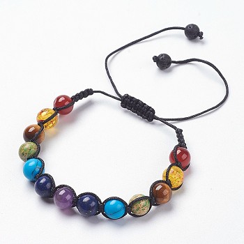 Chakra Jewelry, Adjustable Mixed Stone Braided Bead Bracelets, Round, 1-3/4 inch(4.5cm), 9.5mm